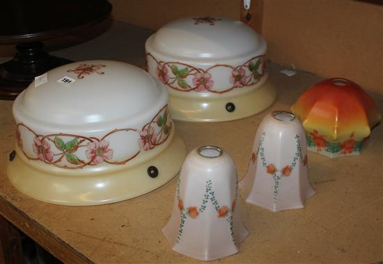 Pair of glass ceiling shades and 3 others
